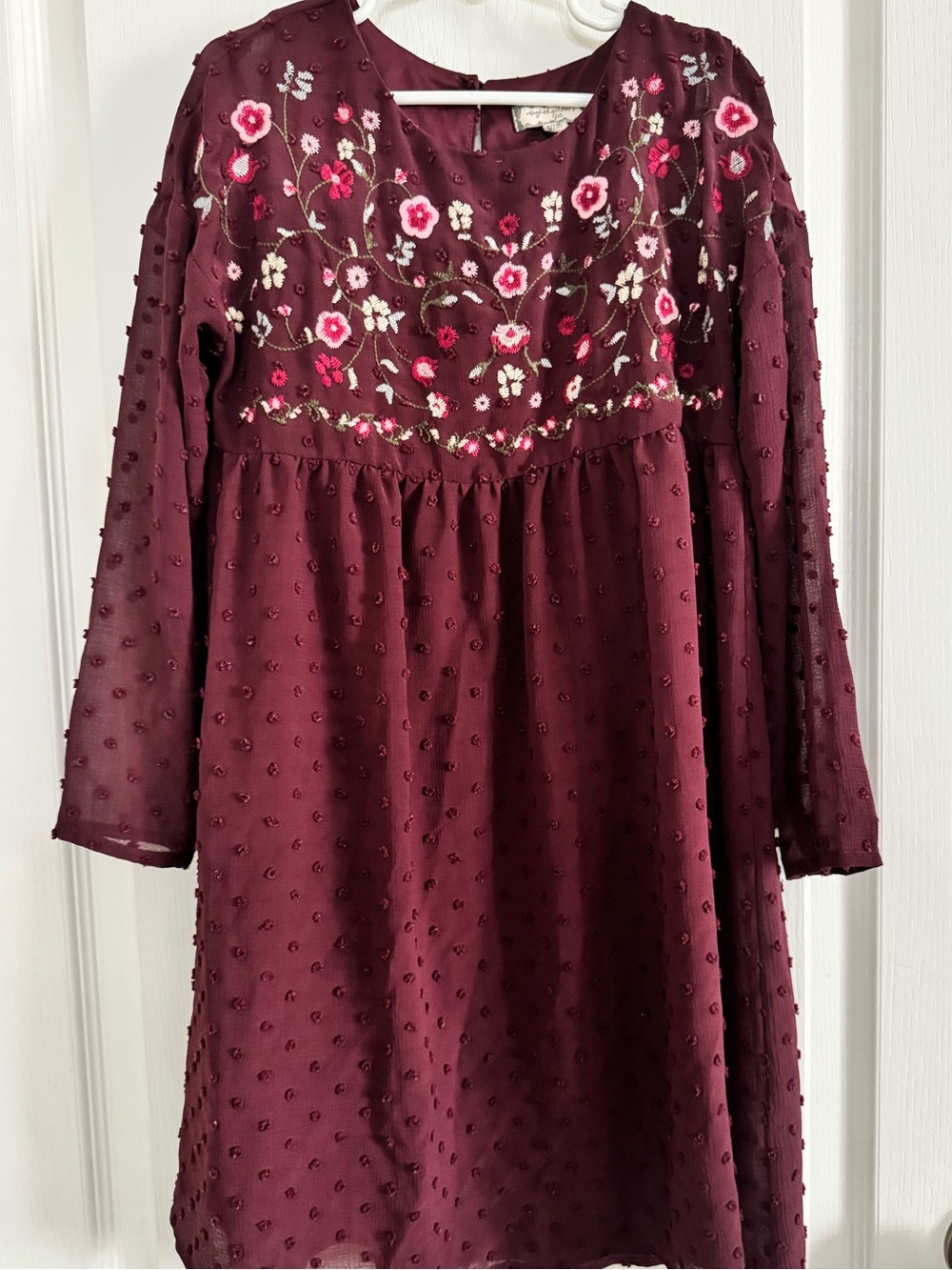 Girls' Burgundy Floral-Embroidered Long-Sleeve Party Dress